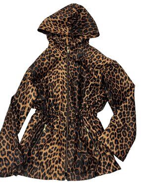 Herman Kay Animal Print Leopard Cinched Waist Hooded Jacket Coat Womens M